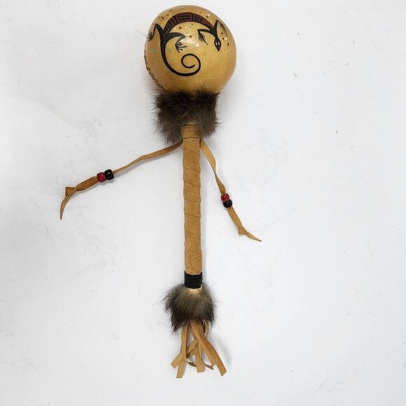 Native American Rawhide Leather Rattle Hand Painted Salamander Design Art - Picture 1 of 5